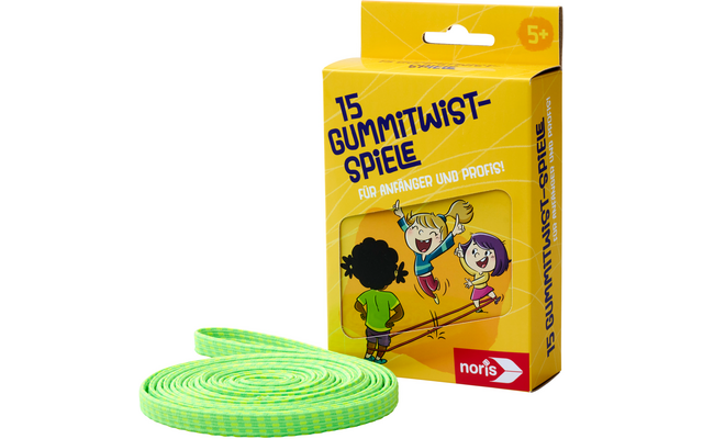 Emballage jaune avec 15 jeux de twist en caoutchouc verts et deux enfants dessinés dessus