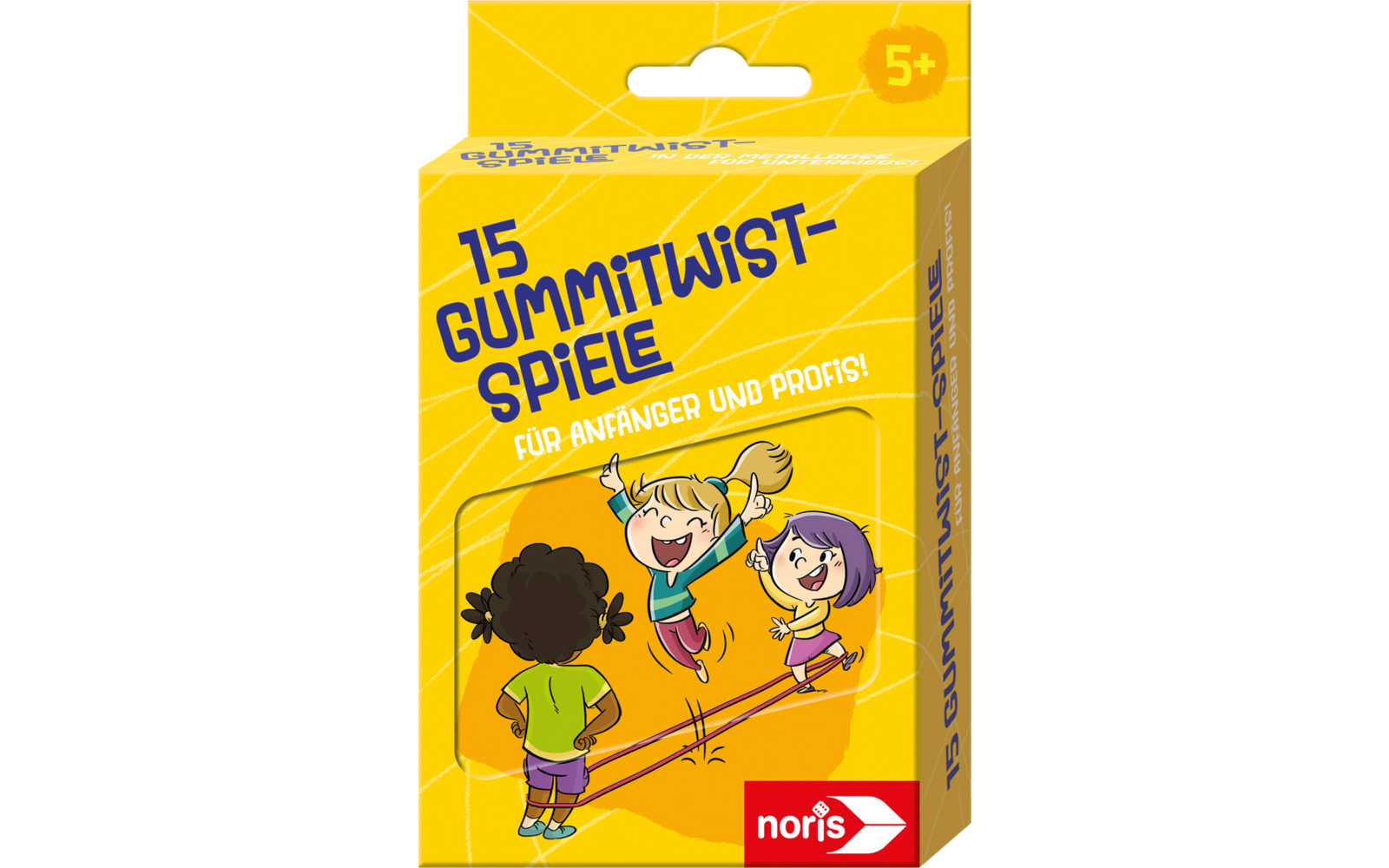Emballage jaune pour jeux de corde à sauter élastique avec trois enfants qui jouent