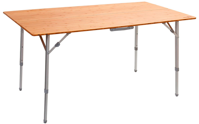 Rectangular table with light wood top and gray metal legs, folding brackets visible, on white background