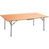 Rectangular table with light wood top and gray metal legs on white background