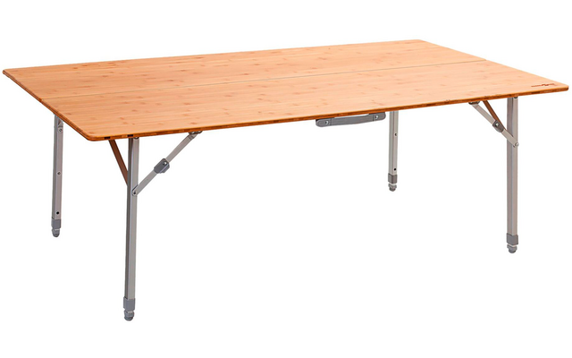 Rectangular table with light wood top and gray metal legs on white background