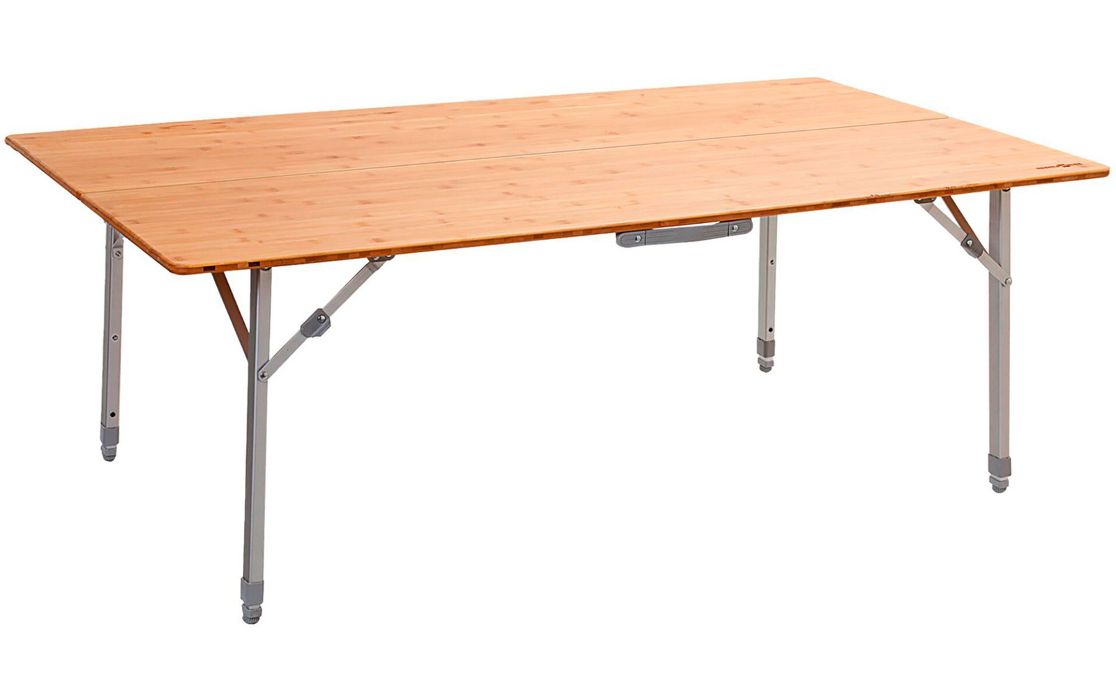 Rectangular table with light wood top and gray metal legs on white background