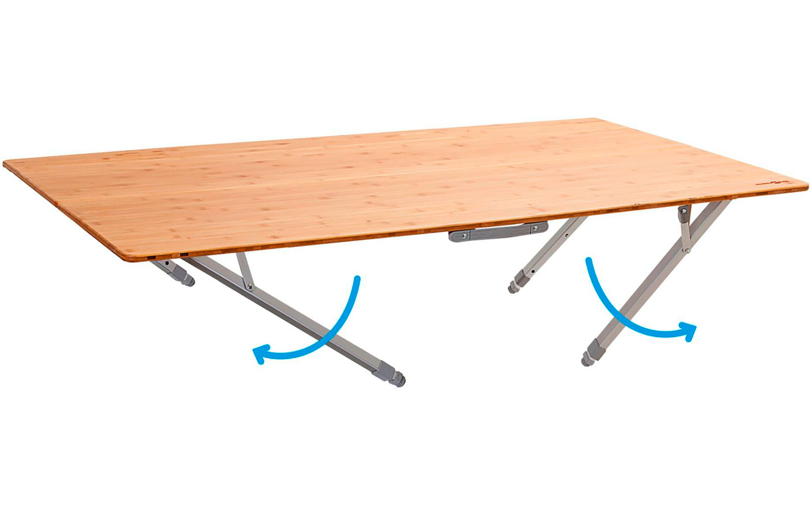 Rectangular light wooden tabletop with two unfolded gray metal legs and blue arrows showing the legs' movement direction