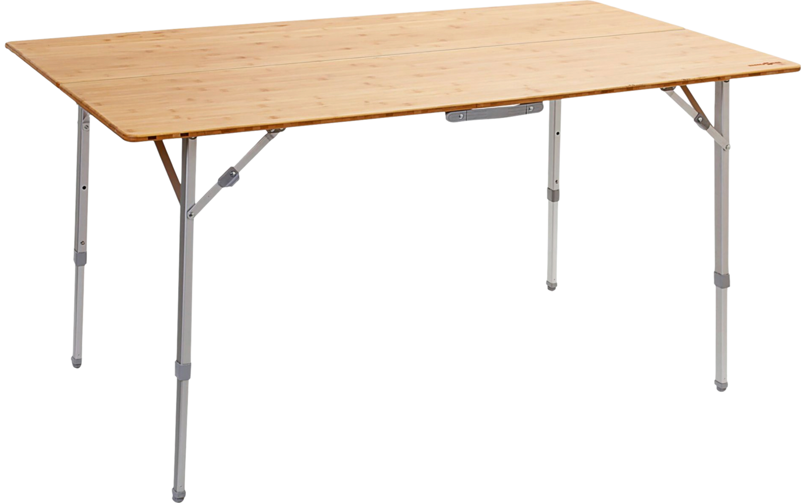 Rectangular table with light wood top and gray metal legs, folding brackets visible, on white background