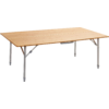 Rectangular table with light wood top and gray metal legs on white background