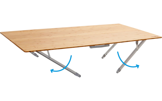 Rectangular light wooden tabletop with two unfolded gray metal legs and blue arrows showing the legs' movement direction