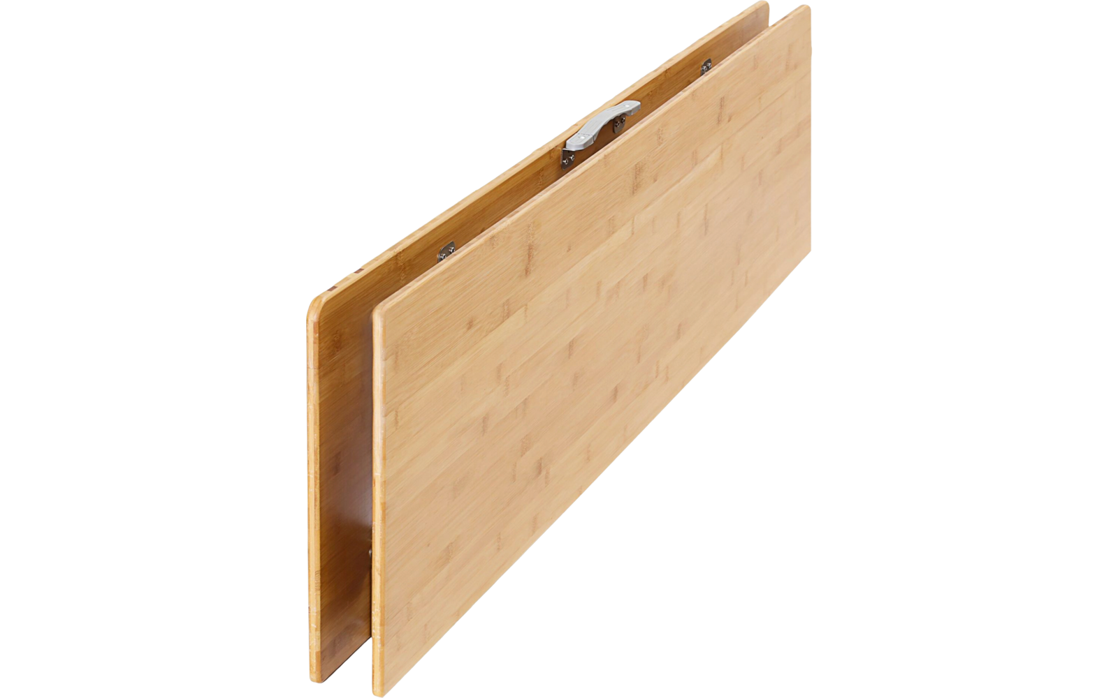 Two folded rectangular bamboo panels with a visible handle and metal hinges