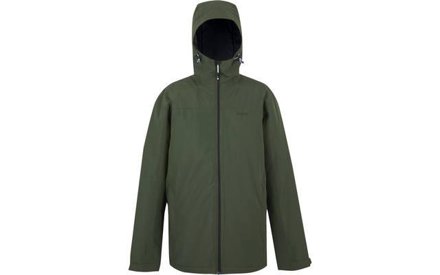 Grüne Kapuzenjacke von vorne, Kapuze mit schwarzem Innenfutter und Kordelzügen, durchgehender schwarzer Reißverschluss, lange Ärmel, kleines Logo auf der linken Brust
