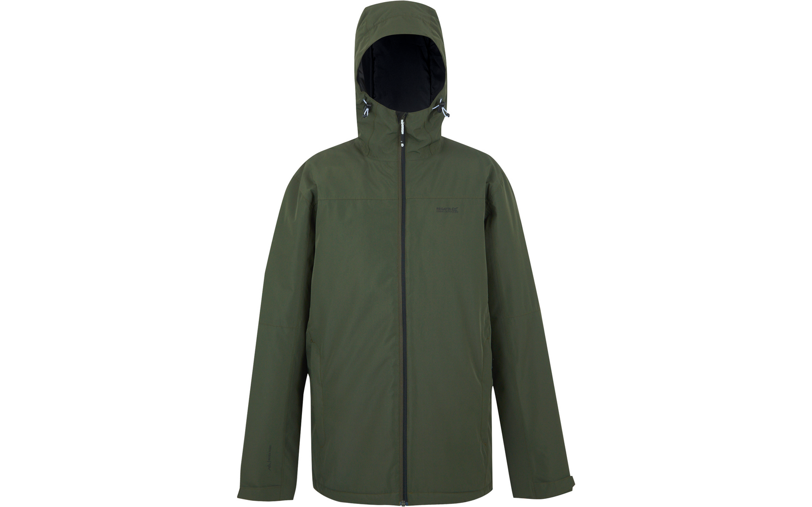 Grüne Kapuzenjacke von vorne, Kapuze mit schwarzem Innenfutter und Kordelzügen, durchgehender schwarzer Reißverschluss, lange Ärmel, kleines Logo auf der linken Brust