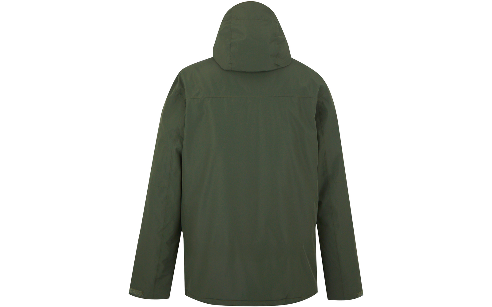 Dunkelgrüne Jacke mit Kapuze, Rückansicht auf weißem Hintergrund