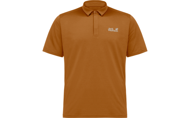 Orange-braunes kurzärmeliges Poloshirt mit Kragen, kurzer Knopfleiste und weißem "Jack Wolfskin" Logo links auf der Brust