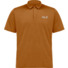 Orange-braunes kurzärmeliges Poloshirt mit Kragen, kurzer Knopfleiste und weißem "Jack Wolfskin" Logo links auf der Brust