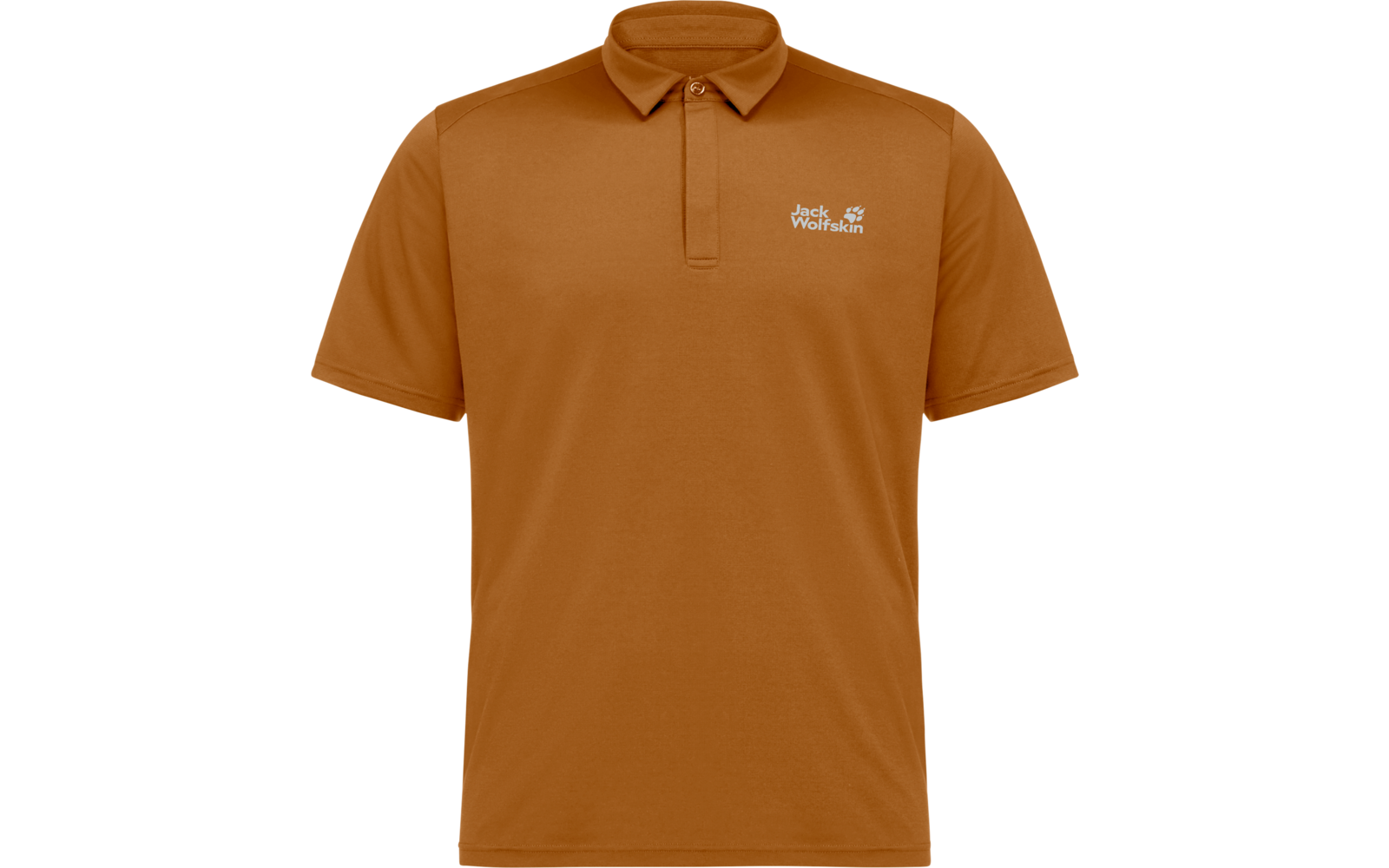 Orange-braunes kurzärmeliges Poloshirt mit Kragen, kurzer Knopfleiste und weißem "Jack Wolfskin" Logo links auf der Brust