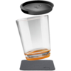 Transparent glass with a black lid and a gray base