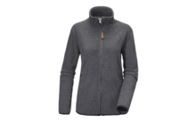 Gray fleece jacket with full-length zipper, stand-up collar, long sleeves and two side zip pockets on a white background