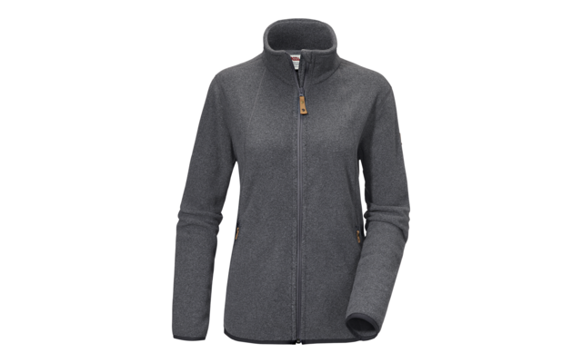 Veste polaire grise avec fermeture éclair intégrale, col montant, manches longues et deux poches latérales zippées sur fond blanc