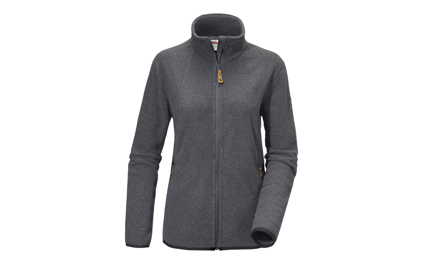 Veste polaire grise avec fermeture éclair intégrale, col montant, manches longues et deux poches latérales zippées sur fond blanc