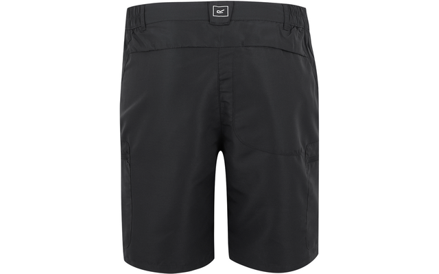 Schwarze kurze Hose mit zwei Taschen hinten und einem Knopfverschluss