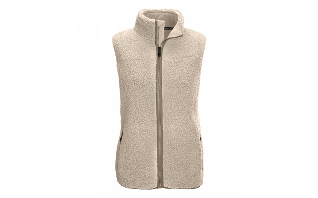Ärmellose beige Teddy-Fleeceweste mit Stehkragen, mittigem Reißverschluss und zwei seitlichen Reißverschlusstaschen