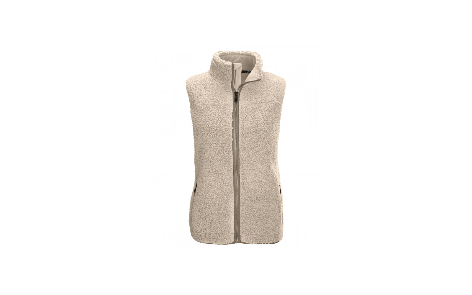 Ärmellose beige Teddy-Fleeceweste mit Stehkragen, mittigem Reißverschluss und zwei seitlichen Reißverschlusstaschen
