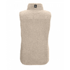 Beige Sherpa-Fleece-Weste, Rückansicht, hoher Stehkragen, ärmellos, kleines schwarzes Etikett am Kragen
