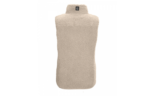 Beige Sherpa-Fleece-Weste, Rückansicht, hoher Stehkragen, ärmellos, kleines schwarzes Etikett am Kragen