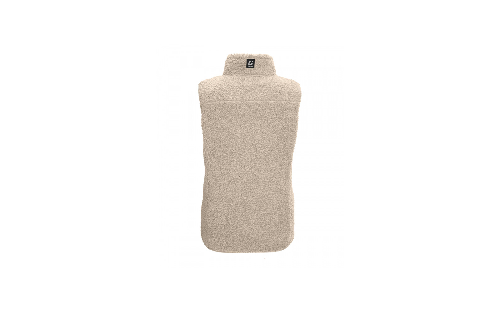Beige Sherpa-Fleece-Weste, Rückansicht, hoher Stehkragen, ärmellos, kleines schwarzes Etikett am Kragen