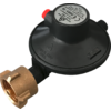 Round black object with a cylindrical raised section and label on top, brass-colored metal connector on the left and small red cap