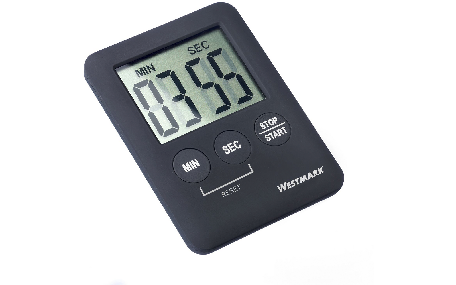 Schwarzer, rechteckiger Timer mit großem LCD, Anzeige mit den Beschriftungen ‚MIN‘ und ‚SEC‘, drei runde Tasten ‚MIN‘, ‚SEC‘ und ‚STOP/START‘, kleine Aufschrift ‚RESET‘ und Markenname ‚WESTMARK‘