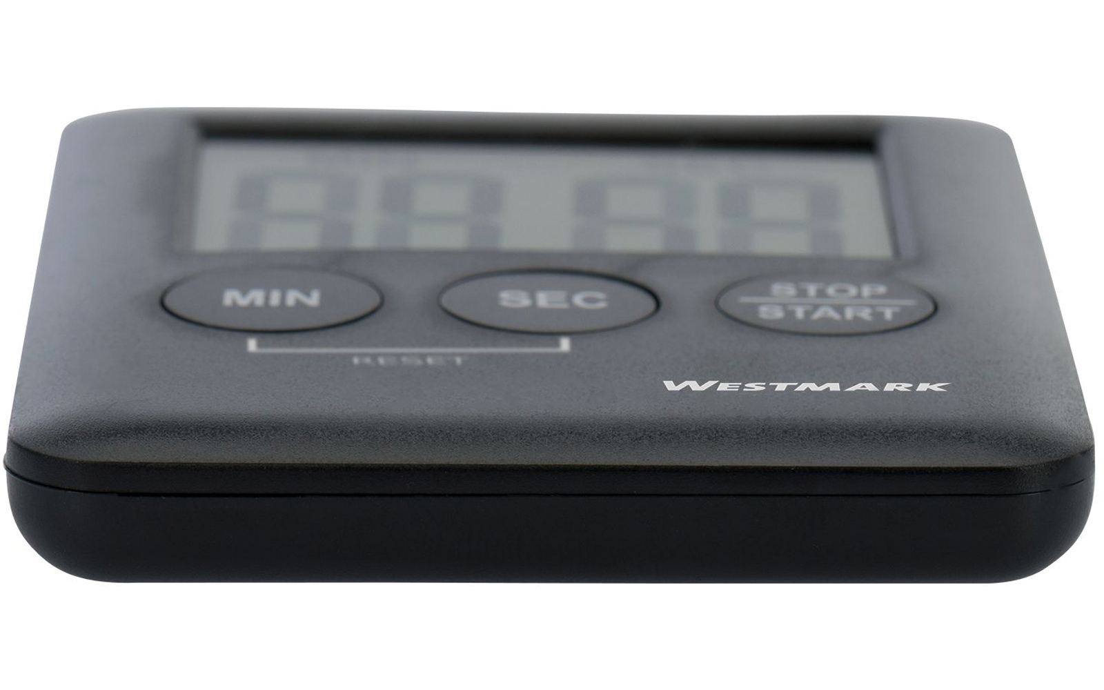 Schwarzes rechteckiges Gerät mit digitalem Display und drei runden Tasten beschriftet mit "MIN", "SEC" und "STOP/START"; auf der Vorderseite steht "WESTMARK"