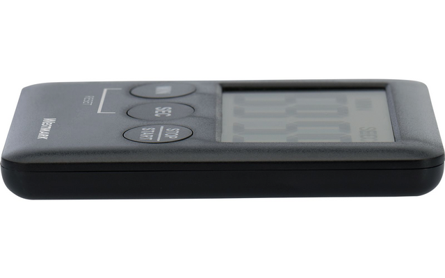 Schwarzes, flaches elektronisches Gerät mit rechteckigem digitalen Display und drei runden Tasten, liegt seitlich