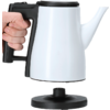 Hand holding white electric kettle with black handle over a round base