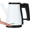 Electric kettle with long spout and black handle on black base, hand next to it
