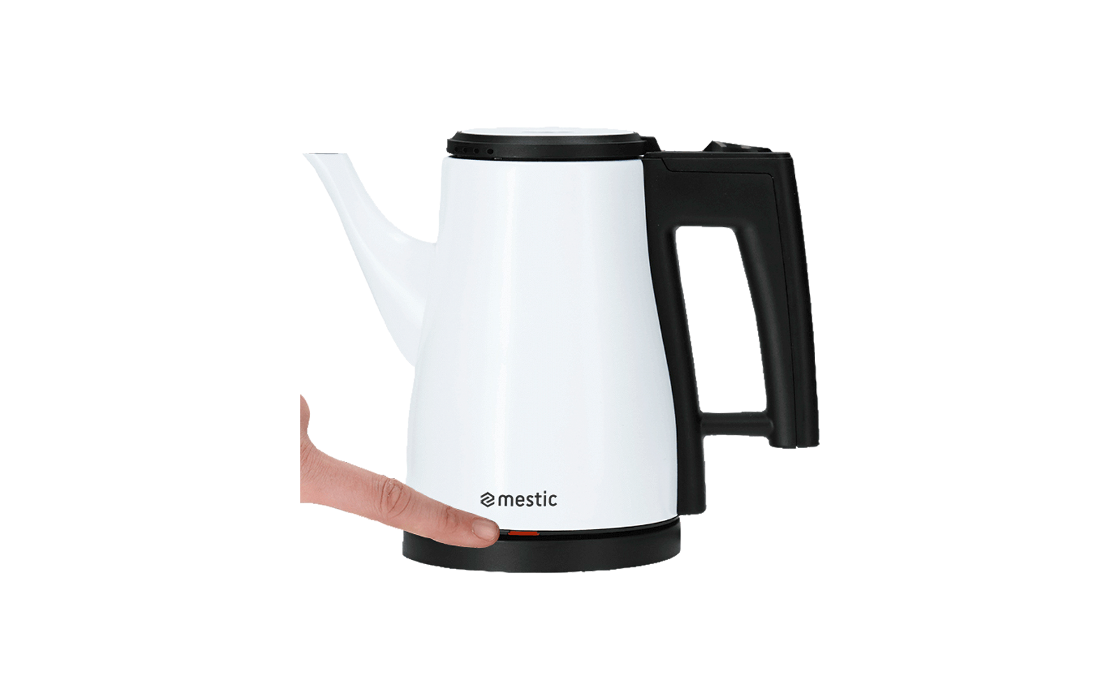 Electric kettle with long spout and black handle on black base, hand next to it