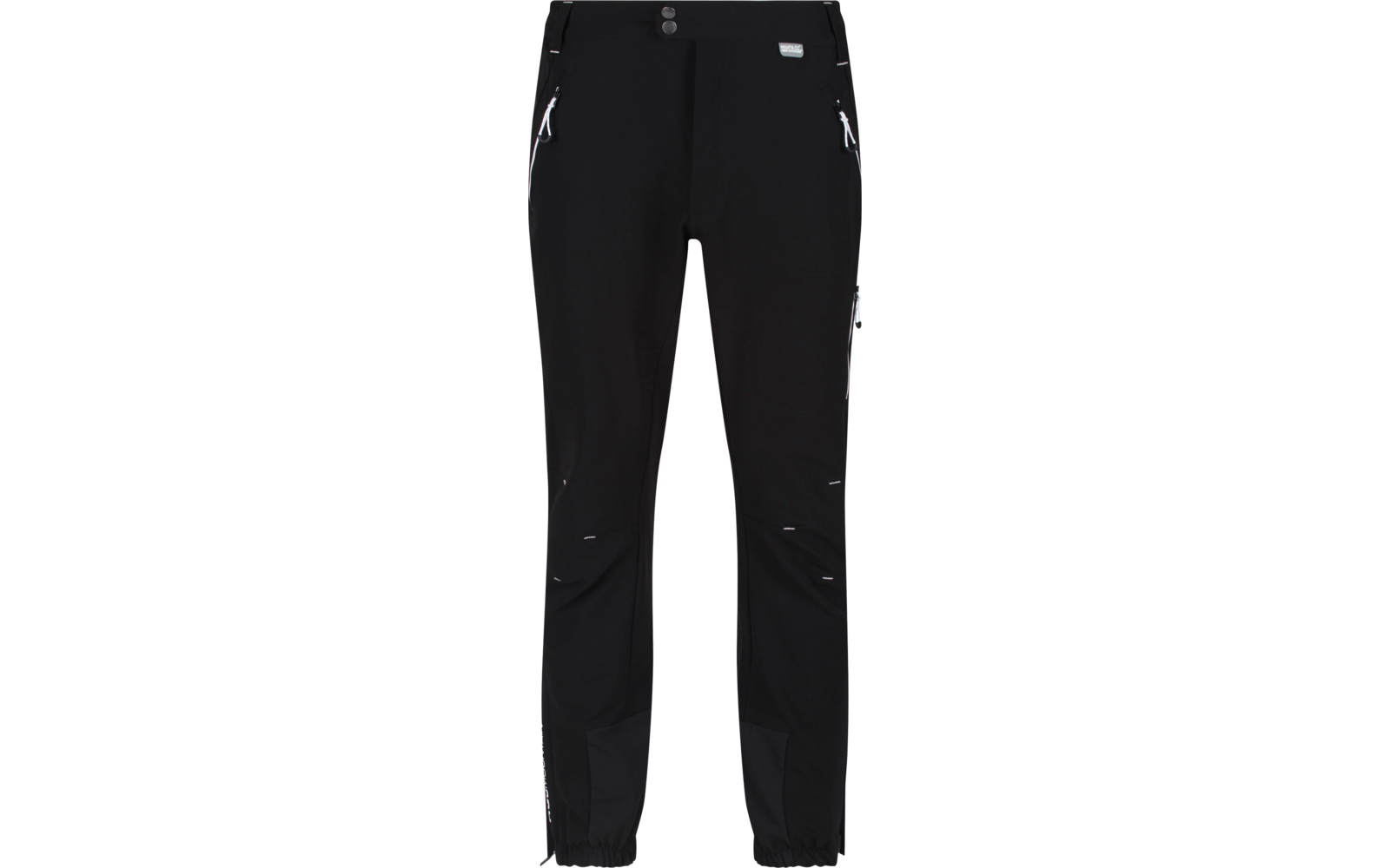 Schwarze Hose mit Taschen und Knöpfen an den Beinen