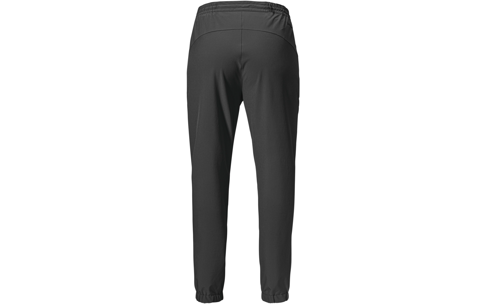 Hinteransicht einer dunkelgrauen Jogginghose mit elastischem Bund und elastischen Beinabschlüssen