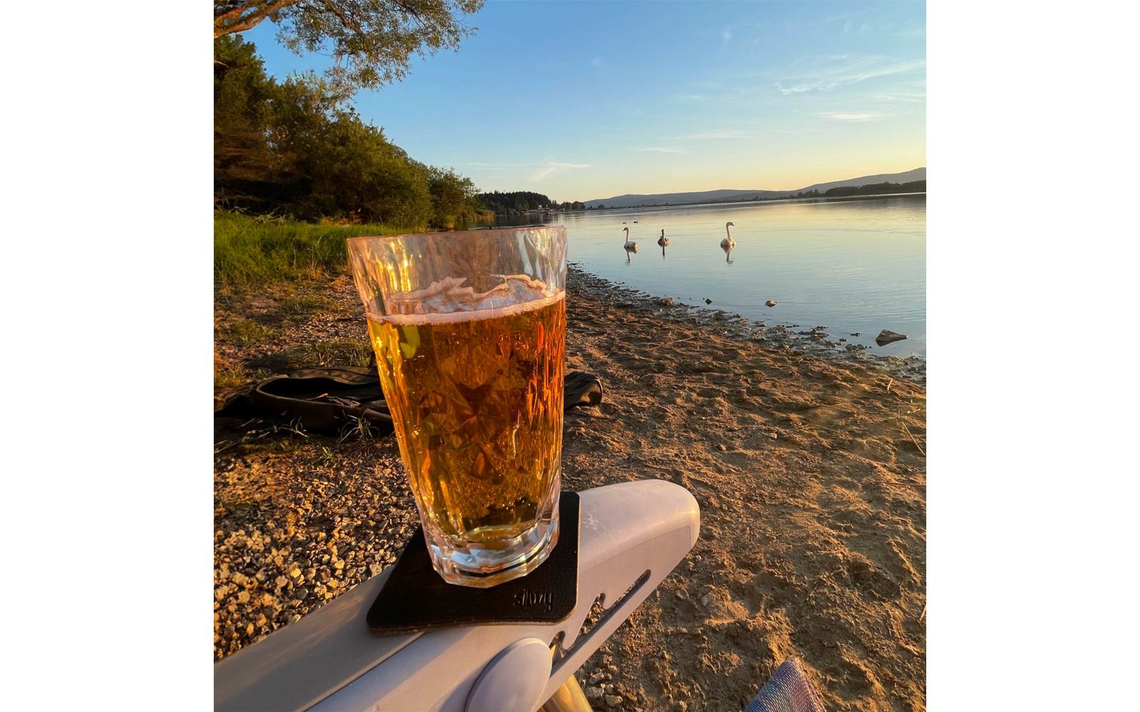 Vordergrund: Glas mit bernsteinfarbener Flüssigkeit und Schaum auf einer weißen Armlehne; Hintergrund: kiesiger Strand, drei auf dem ruhigen See schwimmende Schwäne, Bäume am linken Ufer, Hügel am Horizont, klarer Himmel mit wenigen Wolken