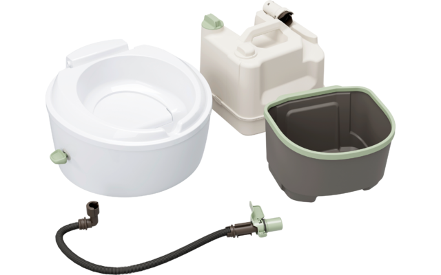 Drei weiße und graue Behälter mit grünem Verschluss und einem schwarzen Kabel