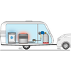 A car with an open trunk, below it a battery, a light bulb, and a charger