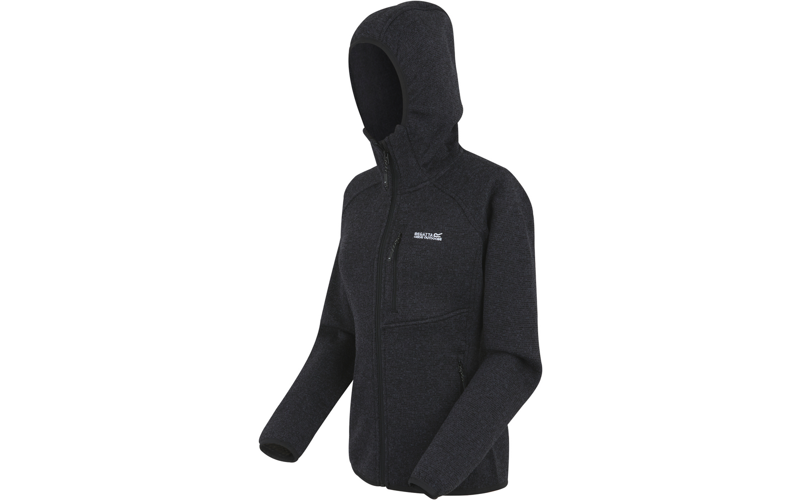 Schwarze Kapuzenjacke mit Reißverschluss auf weißem Hintergrund