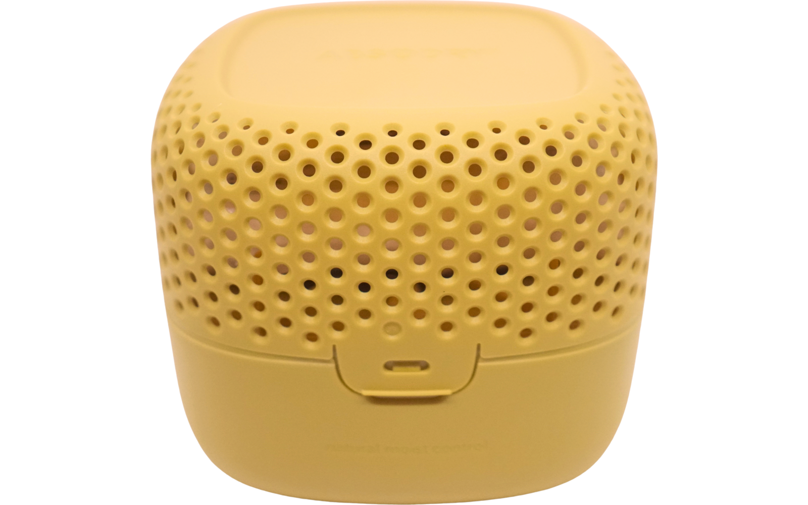 Petit haut-parleur portable jaune avec des trous ronds sur le dessus