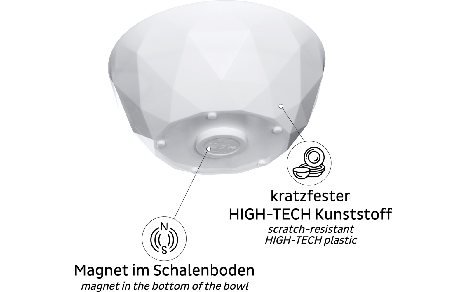 Weißer, facettierter runder Behälter mit Magnetsymbol und Beschriftungen zur kratzfesten Oberfläche und zum Magneten im Boden