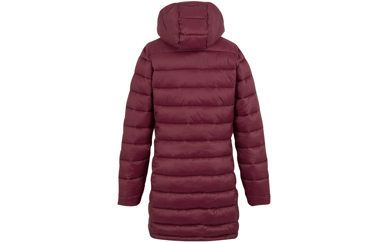 Blick auf die Rückseite einer weinroten Steppjacke mit Kapuze