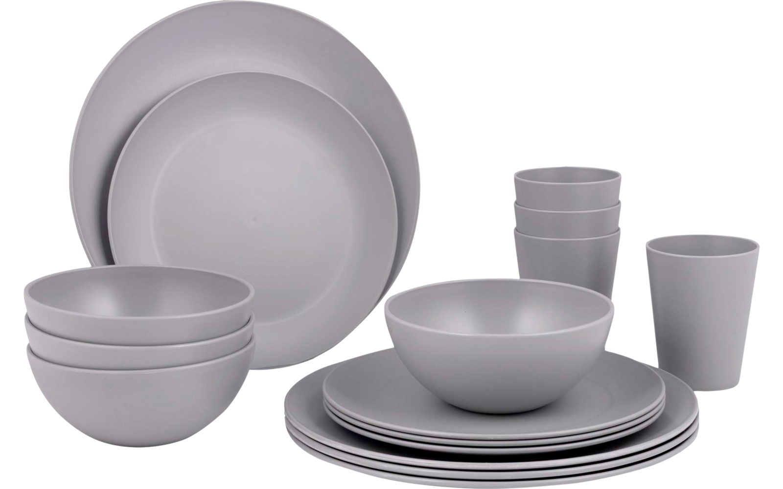 Plusieurs assiettes, bols et gobelets en céramique gris