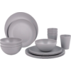 Plusieurs assiettes, bols et gobelets en céramique gris