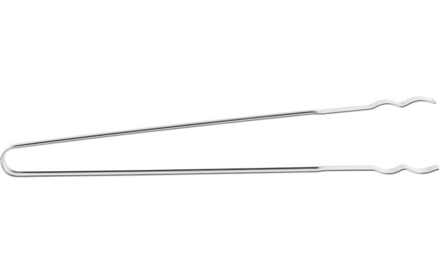 Minces pinces métalliques argentées avec de longs bras droits et des extrémités crantées, sur fond blanc