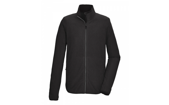 Schwarze Jacke mit durchgehendem Reißverschluss, Stehkragen, langen Ärmeln, zwei seitlichen Reißverschlusstaschen und strukturierter Oberfläche