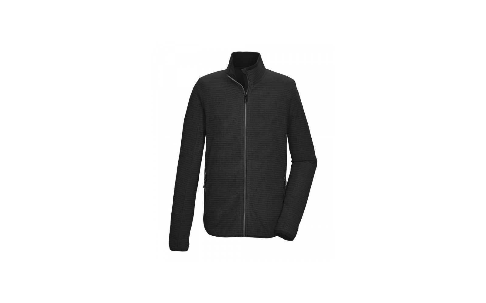 Schwarze Jacke mit durchgehendem Reißverschluss, Stehkragen, langen Ärmeln, zwei seitlichen Reißverschlusstaschen und strukturierter Oberfläche