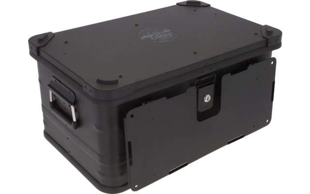 Schwarzer stabiler Aufbewahrungskoffer mit Griffen und Verschluss, von oben fotografiert