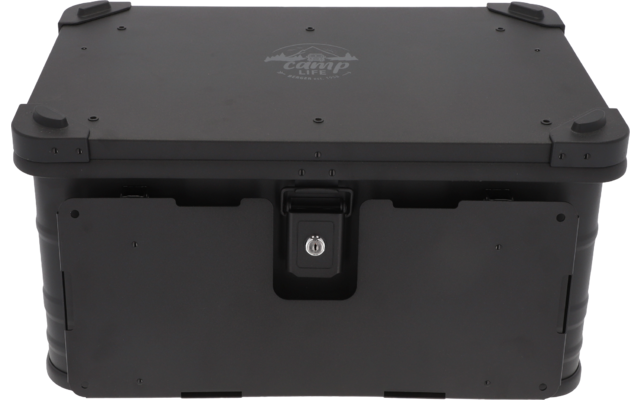 Schwarzer, rechteckiger Koffer mit Schloss auf der Vorderseite